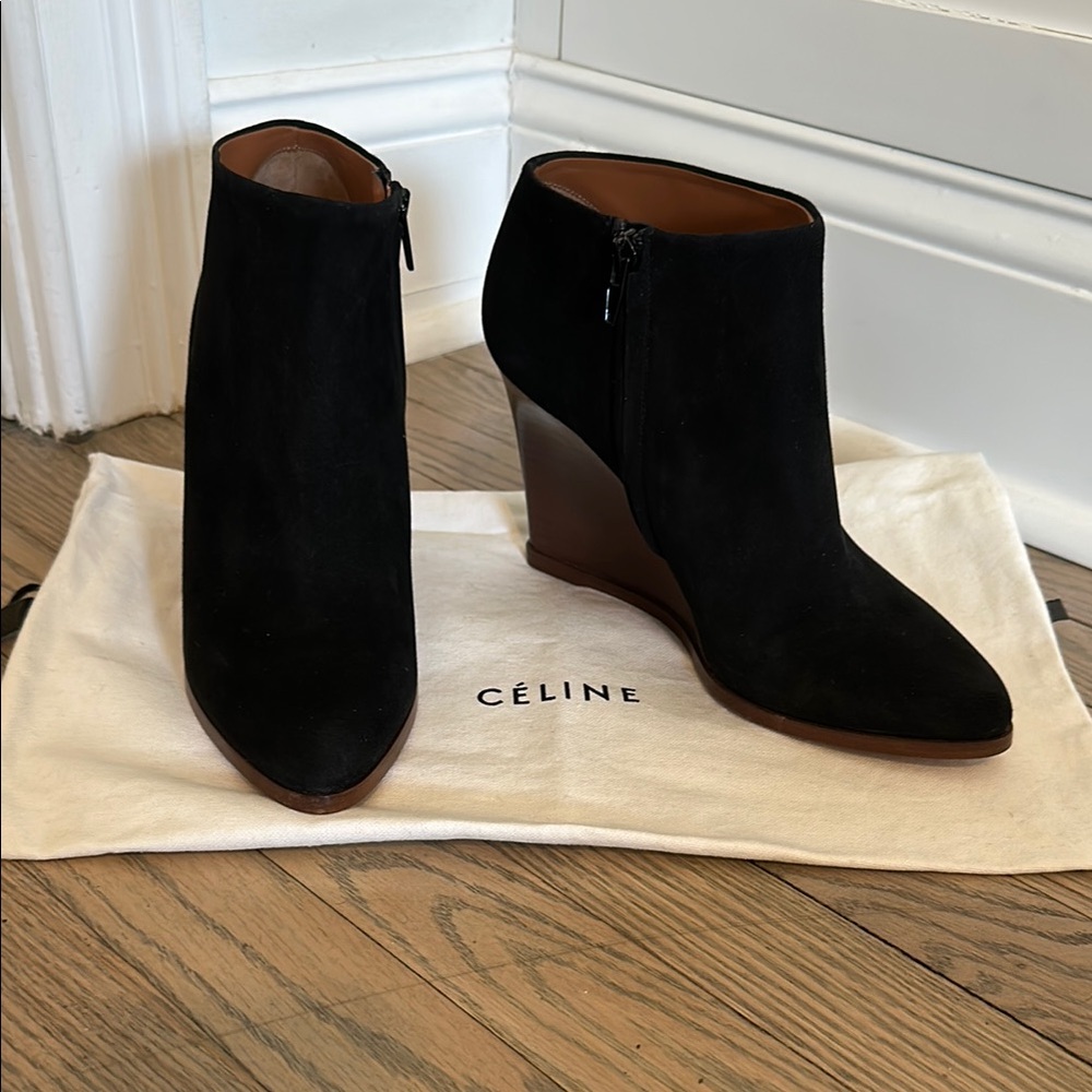 Celine Black Suede Wedge Ankle Boots